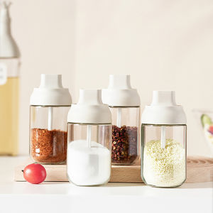 Glass Condiment Container Clear Seasoning Box with Spoon Spice Jar Salt Sugar Pot Storage Container for Kitchen Glass Cruet with Airtight Cap