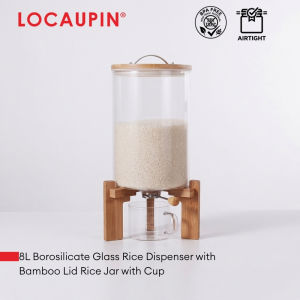 Locaupin 8L Rice Dispenser Borosilicate Glass with Bamboo Lid Food Storage Container Prosperity Rice Jar with Cup