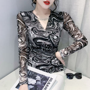 YIMEI Slim Fit Autumn Bottom Shirt Womens Mesh Long Sleeve T-shirt Womens 2023 New Fashion Diamond Chain V-Neck Printed Top