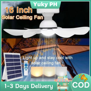 16 inch Solar Ceiling Fan with LED Ligh Portable Outdoor Fan With Remote Control 3 Lighting Modes Heavy Duty for Outdoor Indoor
