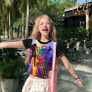【HBHR】Short-sleeved T-shirt slim round neck party wear summer vacation womens T-shirt print belly-baring top