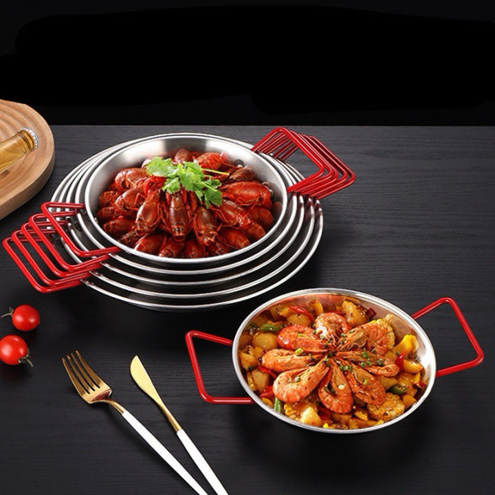 Chảo inox Hàn Quốc quai đỏ trưng bày đồ ăn cao cấp/ hàng chất lượng cao ...