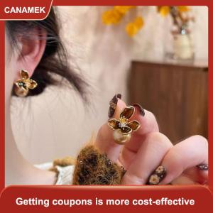 【CANAMEK 】 Vintage Enamel Brown Iris Flower Pearl Earrings For Women Gently Temperament Earrings Fashion Jewelry Accessories Gifts