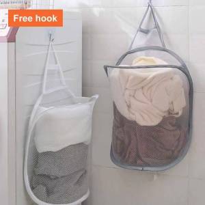 Folding Net Dirty Clothes Basket Cartoon Large Capacity No Punching Toilet Bin Self Adhesive Storage