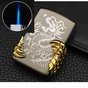 Z 1067 Jet Flame Press On Fire Grinding Wheel Soft Flame Lighter Creative 3D Metal Golden Dragon Refill Gas