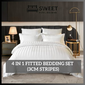 Hotel 3CM Stripes 4 in 1 Fitted Bedding Set -White Duvet Cover Hotel/Cadar Hotel/Sarung Bantal Hotel