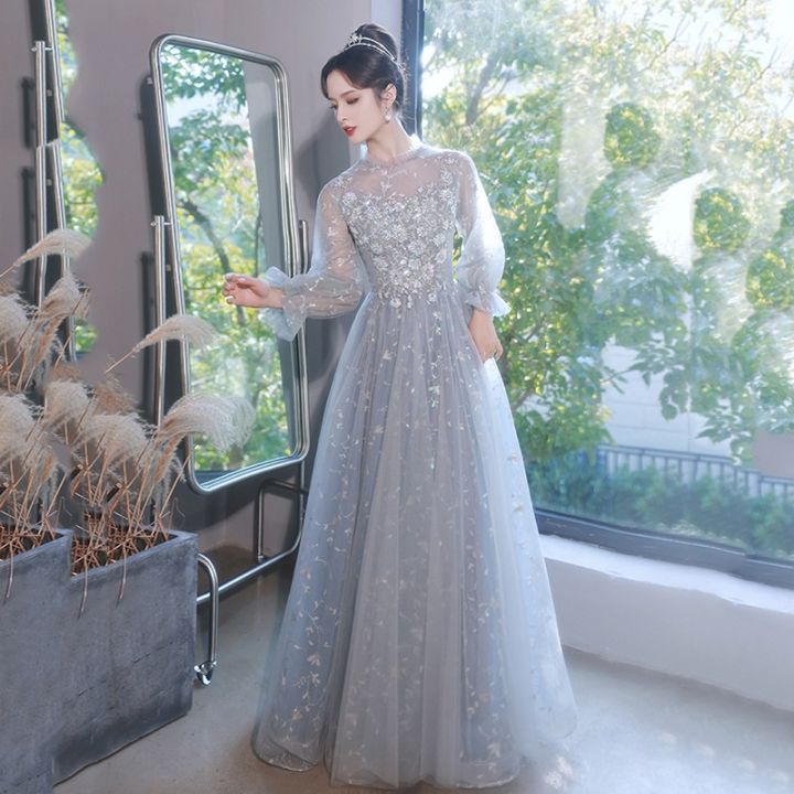 Elegant Evening Dress Long Sleeve Flower Embroidery Slim A line