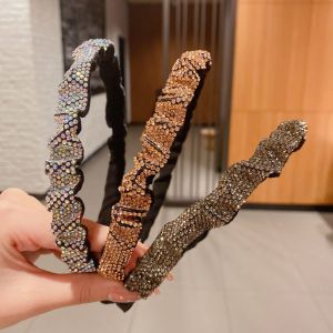 Women Narrow Folds Headband Summer Retro Full Rhinestone Crystal Headband Wash Face Hair Band Hair Accessories Headwrap Bride Headwear