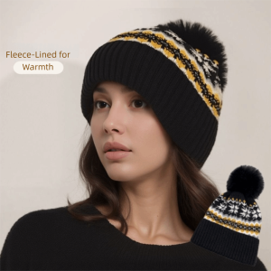 LIVELYN Soft Thicken Knitted Beanie Cap Pom Pom Decoration Windproof Winter Warm Hat Casual Snowflake Pattern Casual Beanie for Autumn Winter