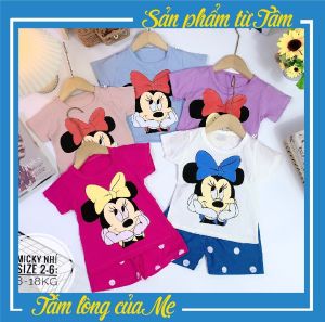 Bộ Cotton Cộc Tay Mẫu Mikcey Cho Bé Gái Cotton 4 Chiều Size 8-18kg CKB04