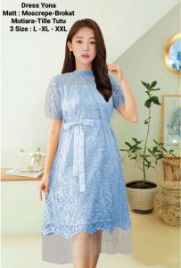 Dress korean style Wanita Model Terbaru/Dress Yona 3 Size/MoscrepeMixBrukat MutiaraTilleTutu
