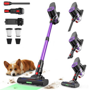 Qimeod Cordless Vacuum Cleaner 36Kpa Powerful Suction Motorized Brush with Headlight Self-Standing Hard Floor Carpet Pet Hair Purple