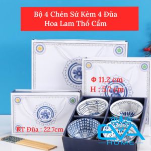 Bộ 6 Chén Sứ Hoa Lam Thổ Cẩm Phong Cách Nhật Bản Tặng Kèm 6 Đôi Đũa Tre Cao Cấp