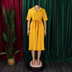 G7D517 Foreign trade womens clothing 2024 Summer Short Sleeve Suit Collar Tie Solid Color Plus Size European American African Dress 7/7