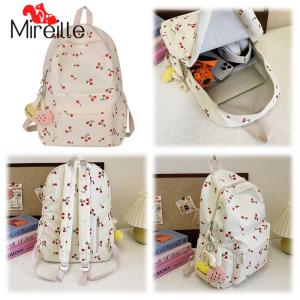 กระเป๋าหนังสือการ์ตูนผู้หญิงลายเชอร์รี่กระเป๋าเป้สะพายหลังผ้าลูกฟูกกระเป๋าสะพายหลังกระเป๋าเป้เดินทางสายปรับได้สำหรับทำงานช้อปปิ้งโรงเรียน