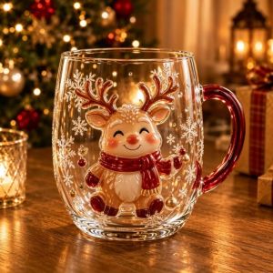 UNQIN 2D Pattern Christmas Glass Snowman Reindeer Christmas Art Cup Drinkware Decorative Santa Claus Clear Glass Holiday Table Decor