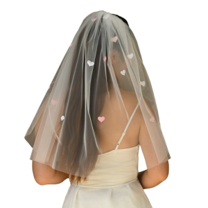 ผ้าคลุมหน้าแบบสั้นผ้าคลุมเจ้าสาวที่ละเอียดอ่อนด้วยหัวใจแห่งความรักสำหรับงานปาร์ตี้และชุดแต่งงานโสด