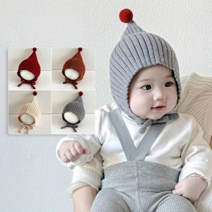 GOXBERK Solid Color Baby Knitted Cap Ear Protector Comfortable Earmuffs Cap Fashion Lace-up Lacing Beanie Cap Autumn Winter