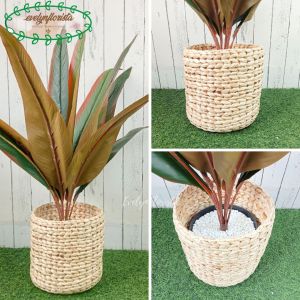 Pohon Artificial Daun Kunyit Hijau & Cokelat Pot Dasar Hitam Cover Eceng Gondok Dekorasi Rumah Aesthetic