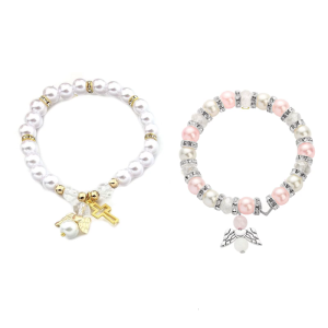 Delicate Rose Pearls Chain Combining Crosses Pendant and Angel Symbol for Everyday Elegant