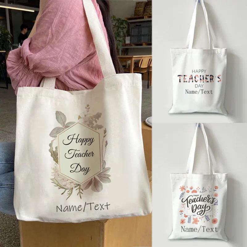 Custom Name Text Happy Teachers Day Gifts Tote Bag Aesthetic Shoulder Canvas Bag Creative Women Eco Shopping Bags Ins Lazada