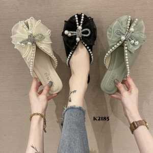 Flat Slippers Faddish Pearl Ribbon Diamond K2185