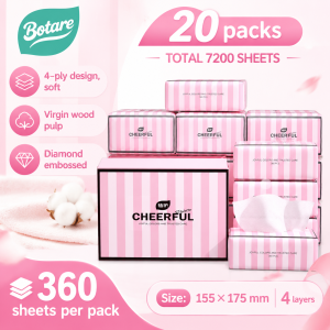 [20 Packs] Botare Cheerful Pink Diamond Embossed Facial Tissue 155×175mm 4 Ply 360 Sheets Soft Absorbent Disposable Tissue