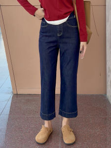 GHAOEHS กางเกงยีนส์กระบอกตรง สีน้ำเงินเข้ม ไซส์ใหญ่สำหรับสาวอวบ กางเกงเก้าส่วนเอวสูงดูผอม ยืดหยุ่น เลือกง่าย