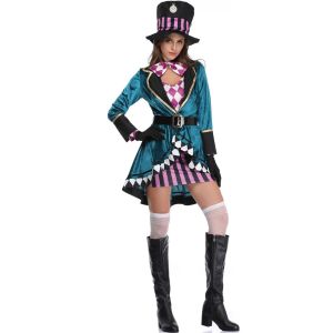 Halloween Magician Clown Mad Hatter Costume Halloween Cosplay Alice in Wonderland Costume Circus Performance Outfit Magic Dress