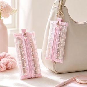 MAKERVY Lace Heart Mesh Student Pencil Case Large Capacity Pearl Pen Bag Durable Transparent Stationery Bag Students Gift