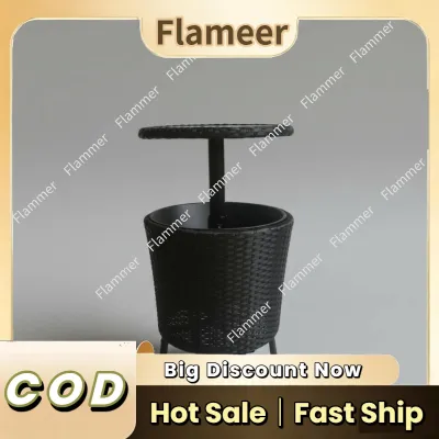 Outdoor Ice Cooler Rattan Bar Table Beverage Chiller Table Black Drinks Bucket Organizer for Poolside Garden Lounge