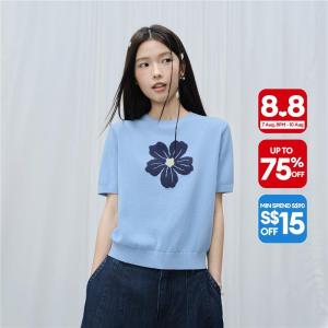 Giordano Women 100% cotton flower jacquard short sleeve knitwear Free Shipping 18356707