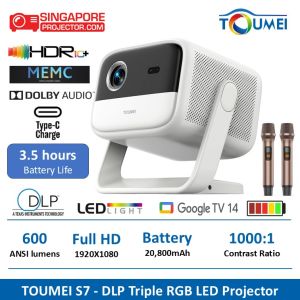 Toumei S7 1080P Smart Portable Projector 600 ANSI lumens 20800mAh Battery Gimbal Instant Auto Focus Google TV Netflix 20W Audio 100" for Home Outdoor Gaming