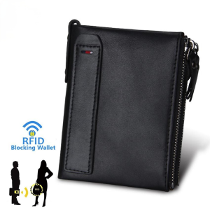 Fashion Wallets Men RFID Blocking Wallet Hot Crazy Horse Genuine Leather Double Zipper Bifold Wallet -Coin Card Holder