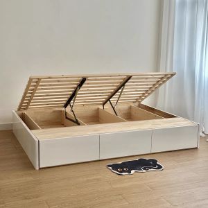 Solid Wood Tatami Double Bed with Drawer Storage No Headboard Low Platform Space-Saving for Small Apartment