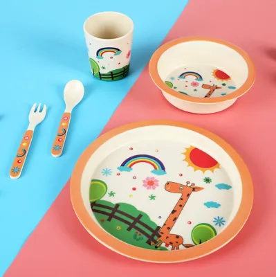 Bamboo Fiber 5in1 Children Kids Baby Round Plate Bowl Cup Spoon Fork Meal Set Tableware