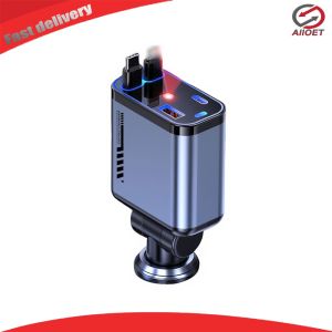 【Alloet】 4-in-1 Retractable Car Charger with Fast Charging USB Ports for Smartphones and Tablets in Black