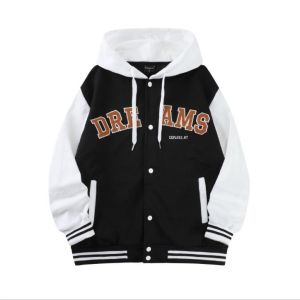MOTO FASHION Long Sleeve DREAMS 3D Embroidered Varsity Jacket with Hood for Men Hoodie Jacket Man