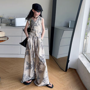 Summer Teenage Girls 2PCS Clothing Sets V-Neck Vest + Wide Leg Pants Fashion Print Cool Suit Streetwear Kids Vintage Tracksuits h260702