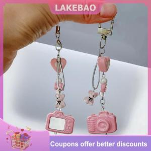 【LAKEBAO】 Hồng Máy Ảnh Gấu Keychain Ngọt Ngào Điện Thoại Chuỗi Quyến Rũ Keyring Trang Sức Chống-Mất Dây Buộc Túi Trang Trí Nội Thất