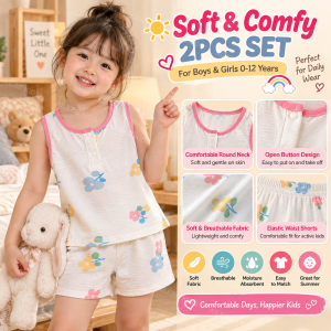 AILEBE Kids Vest Sets For Boys Girls Sleeveless Sando Tank Top And Shorts 2Pcs Set Soft Treated Fabric Breathable Moisture-Absorbent Casual OOTD Pambahay Summer