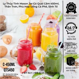 Bộ 10 Ly Quai Thủy Tinh Trơn 450ml – Ly Mason Jar Tay Cầm Dùng Uống Sinh Tố Nước Ép Cà Phê