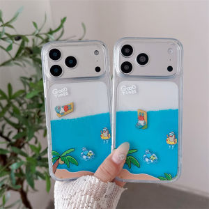 Floating Swim Duck Liquid Case for iPhone 17 16 15 Pro Max Shell Moving Decor Blue Water Hard Phone Cover Para Funda Clear Coque