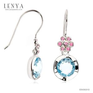 LENYA ต่างหูพลอยบลูโทแพซ เสริมความมั่นใจ ชัดเจน ปัญญา ขนาด 8 มิล ตัวเรือนเงินแท้925 ชุบทองคำขาว