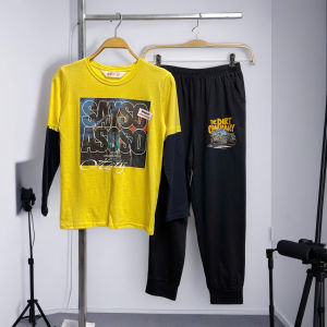 Bộ dài tay bé trai size đại 7-16 tuổi tay nối in chữ và hình vải mềm co giãn không bai xù