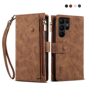 Luxury Flip Stand Leather Case For Samsung Galaxy S20 S21 S22 S23 Plus Note 20 Ultra FE/A12 A13 A14 A32 A33 A52 A53 A54 A73 5G Zipper Wallet Cover with Short Strap Long Lanyard RFID Card Slots Phone Bag Case