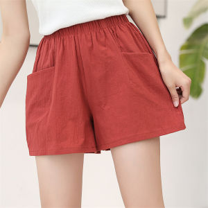 Korean Womens Cotton Linen Fashion Shorts with Pockets Summer Elastic Waist Casual Loose Student Sports Home Wear Office Shorts Yellow
