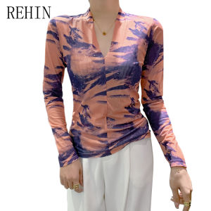 REHIN Autumn and winter new V-neck fashion printed mesh long-sleeved T-shirt slimming versatile base shirt women s top