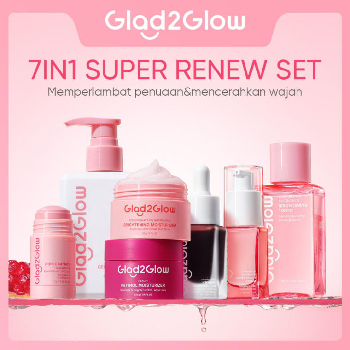 Glad2Glow Renew bundle 7in1 7pcs - Brightening toner + Brightening Moisturizer + Cleanser + Brightening Serum + Peeling solution + Retinol Pomegranate Niacinamide