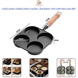 Chảo Gang Chống Dính 4 Ngăn Làm Bánh Khọt Chiên Trứng Nướng Bánh Dễ Dàng Vệ Sinh Phù Hợp Với Mọi Loại Bếp